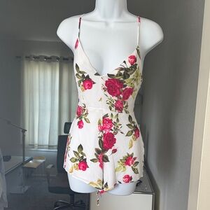 Forever 21 White Floral Romper with Pink Rose Print Small preowned